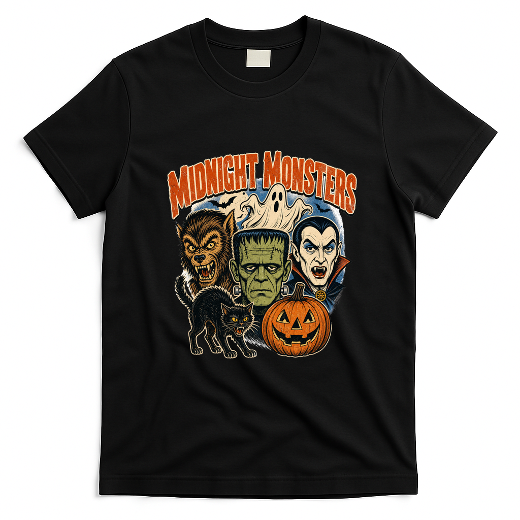 Midnight Monsters Halloween Graphic Classic Creatures T-Shirt - Black