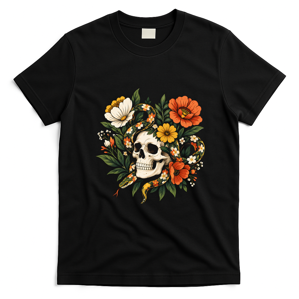 Moody Snake Skull Floral T-Shirt - Black