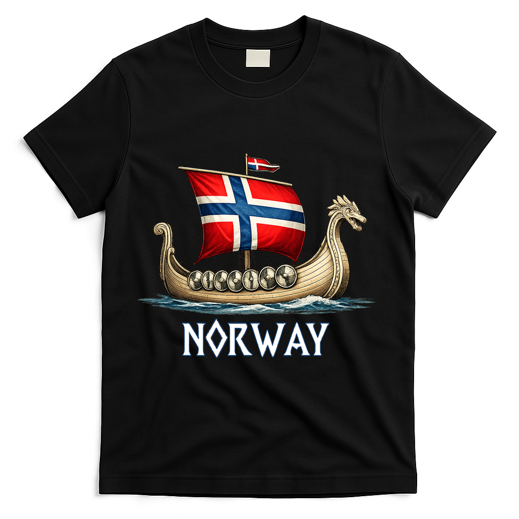 Norwegian Viking Ship Flag Boat Norway Heritage T-Shirt - Black