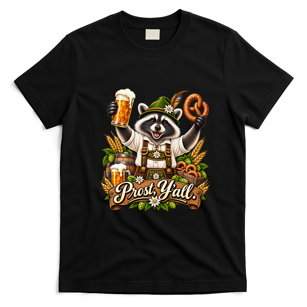 Oktoberfest Raccoon Prost Funny German T-Shirt - Black