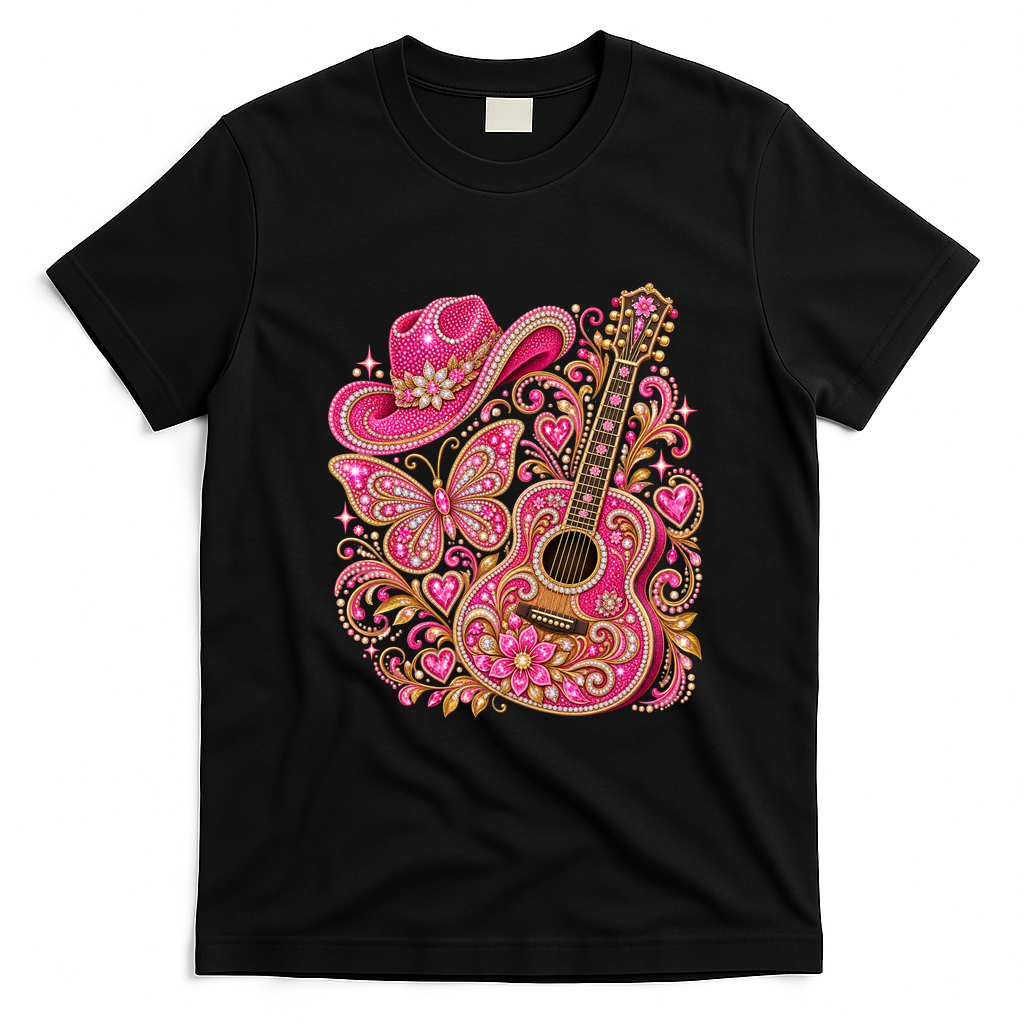 Pink Bling Cowgirl Guitar Western Rhinestone T-Shirt - Black