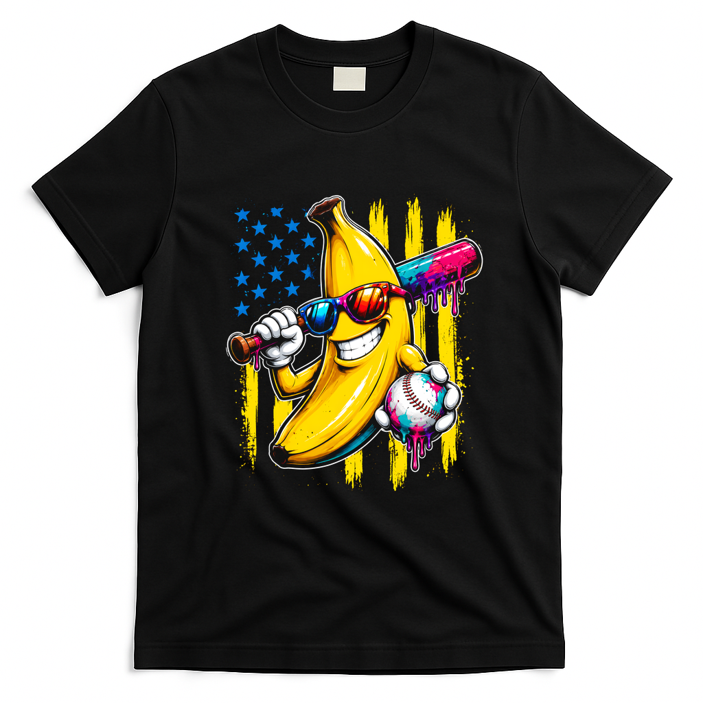 Patriotic Banana Characte Baseball American Flag T-Shirt - Black