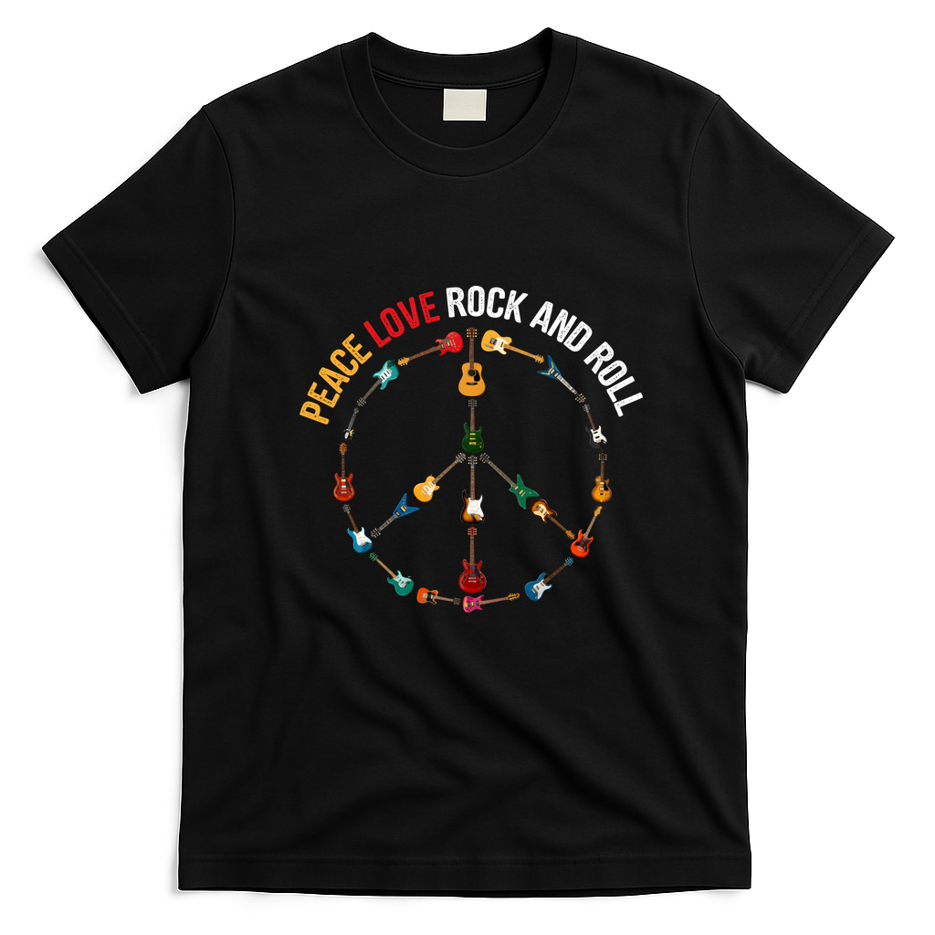 Peace Love Rock And Roll Guitars Music T-Shirt - Black