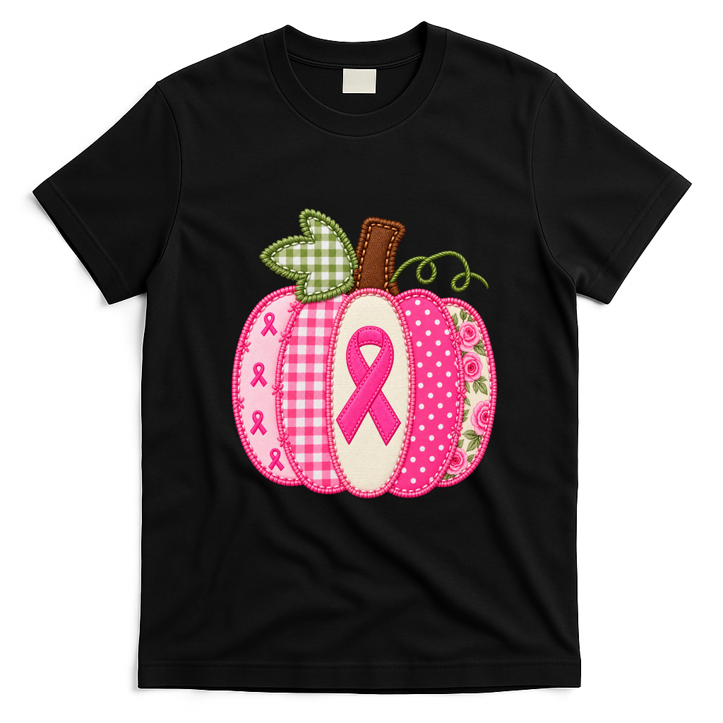 Patchwork Pumpkin Cancer Autumn Fall Halloween T-Shirt - Black