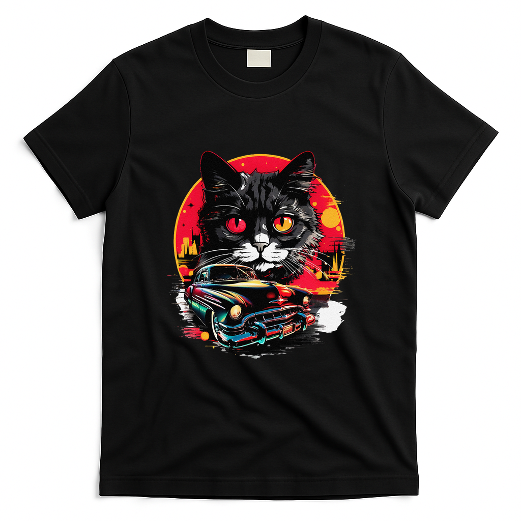 Retro Cat Classic Car Vintage Neon Art T-Shirt - Black