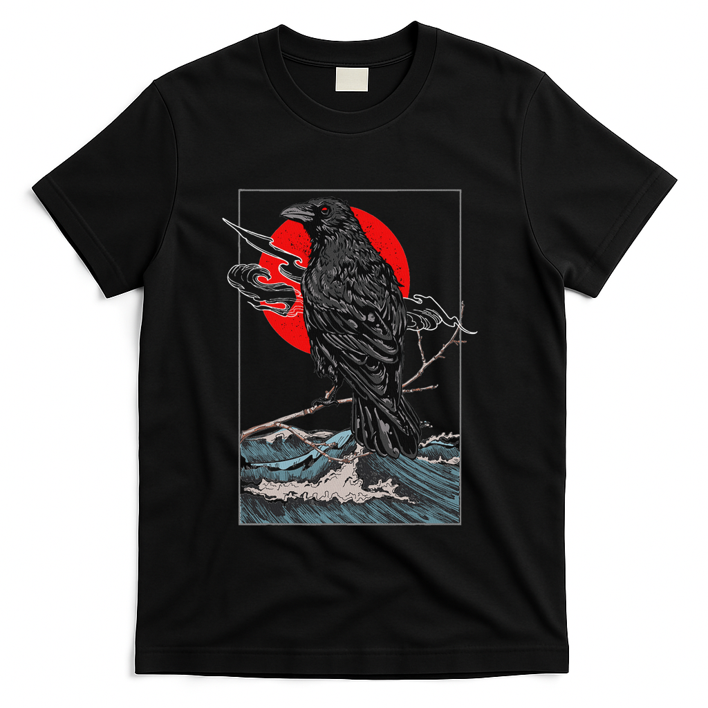 Red Moon Raven Graphic Black Crow T-Shirt - Black