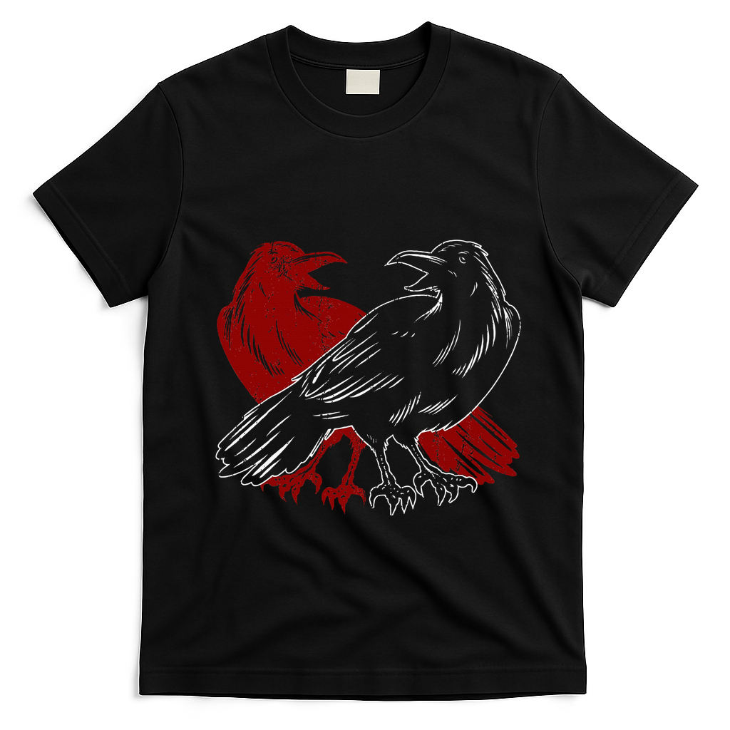 Red Raven Spooky Gothic Animal Forest Bird Black Crow T-Shirt - Black