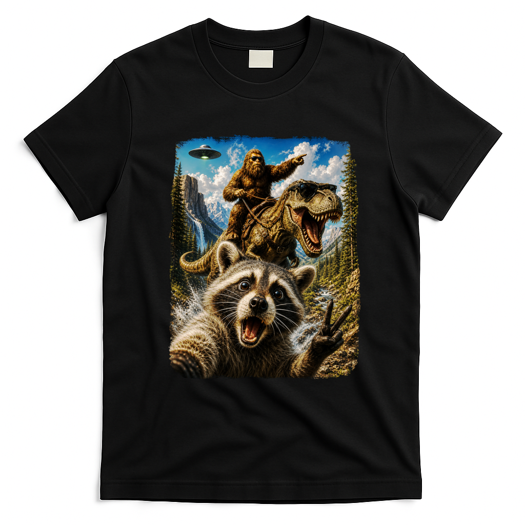 Raccoon Selfie Bigfoot T-Rex Dinosaur UFO Funny Gift T-Shirt - Black