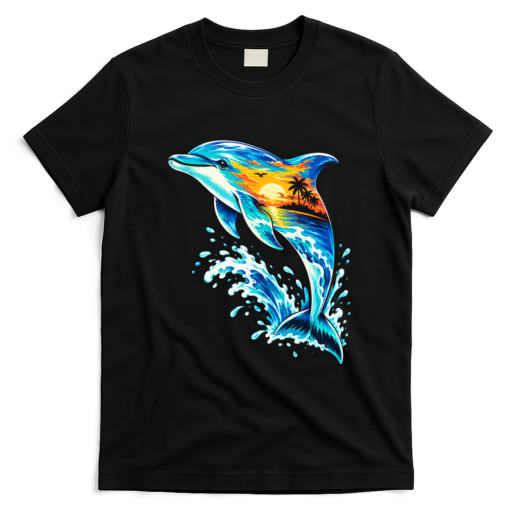 Summer Dolphin Sunset Beach Tropical Ocean Wildlife T-Shirt - Black