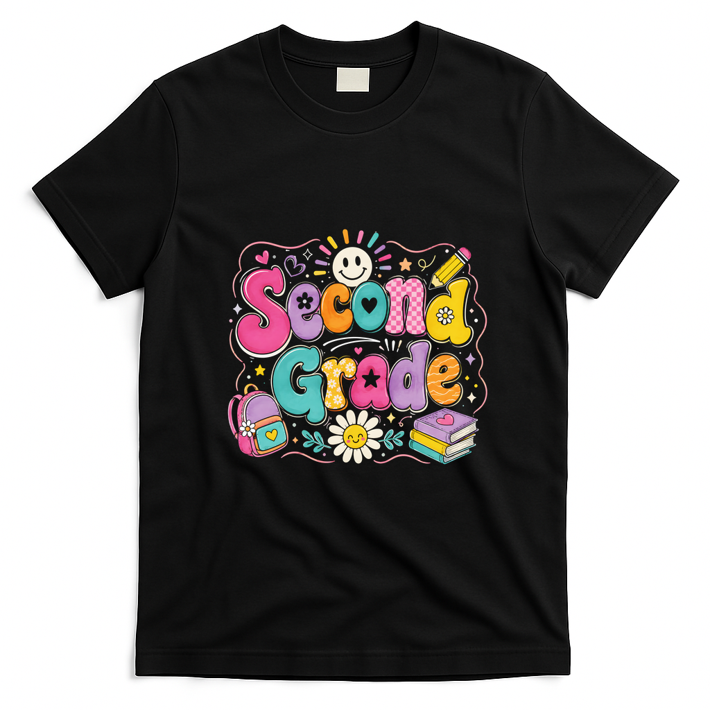 Second Grade Colorful Cute Teacher Student Gift Back To School T-Shirt - Black