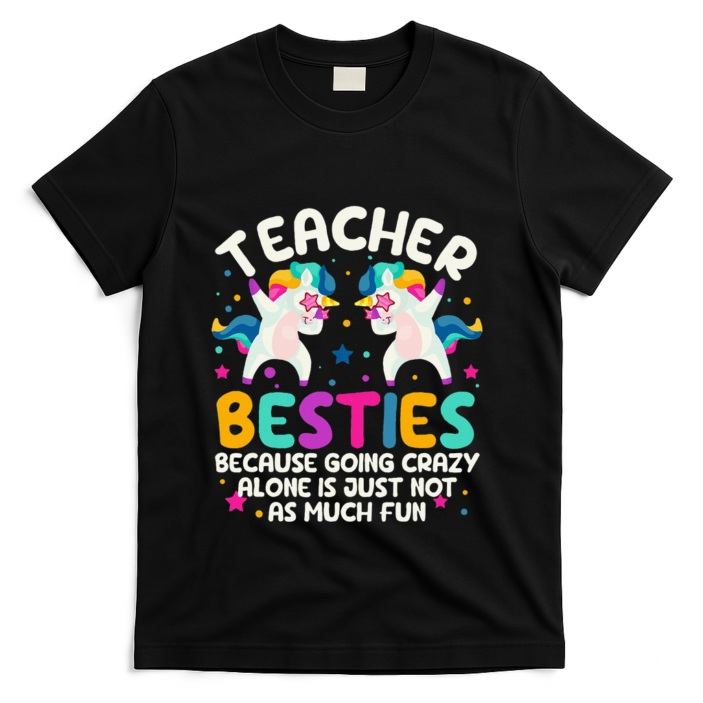 Teacher Besties Because Going Crazy Alone Back To School T-Shirt - Black