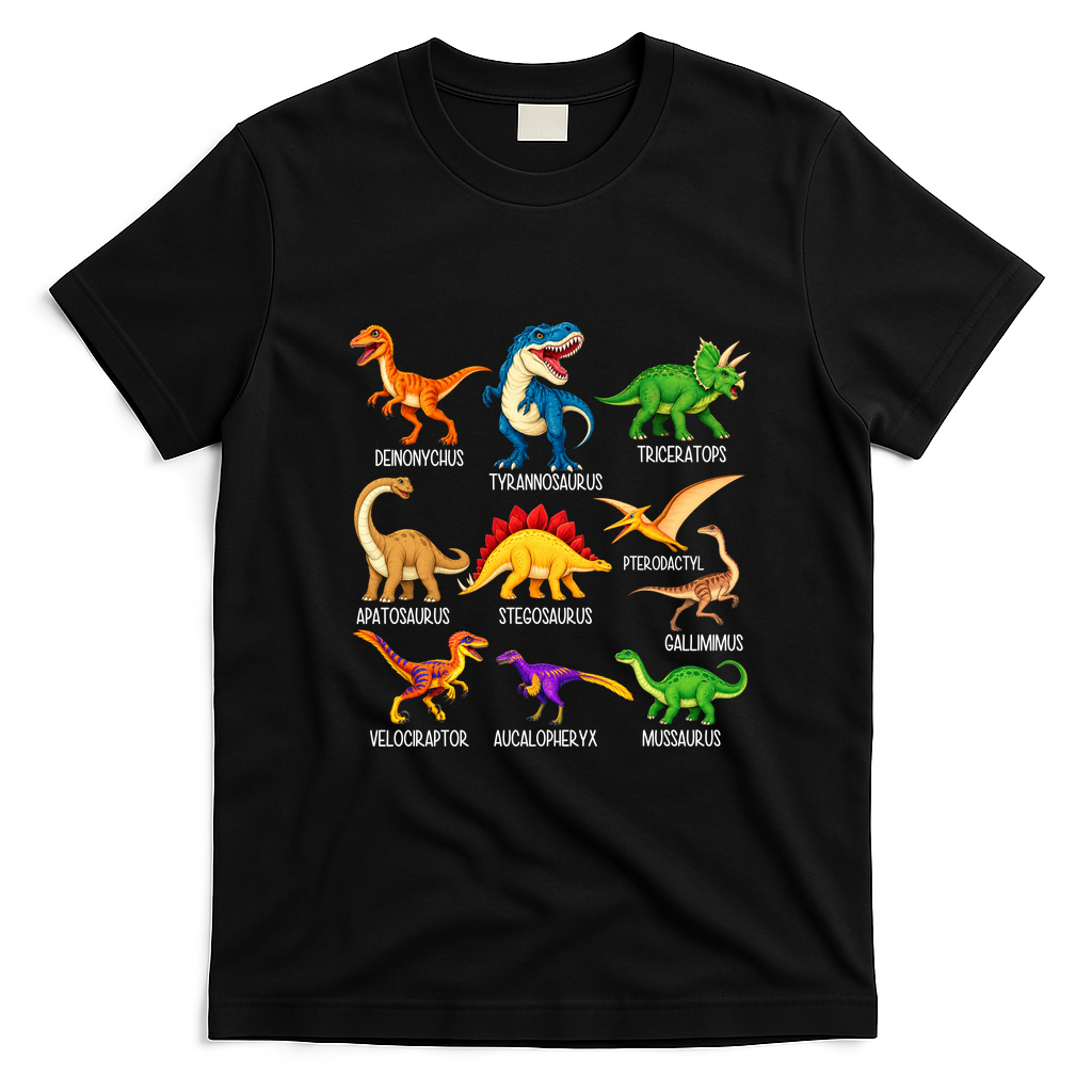 Types Of Dinosaurs Graphics Dino Identification T-Shirt - Black