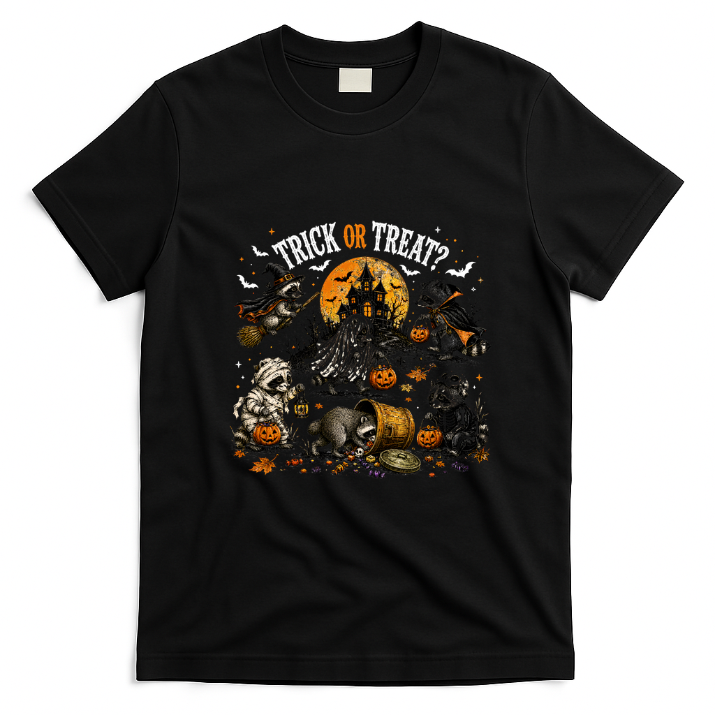 Trick Or Treat Raccoons Halloween Funny T-Shirt - Black