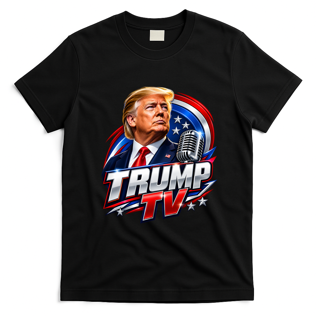 Trump TV Artwork with Patriotic Microphone Graphic T-Shirt - Black