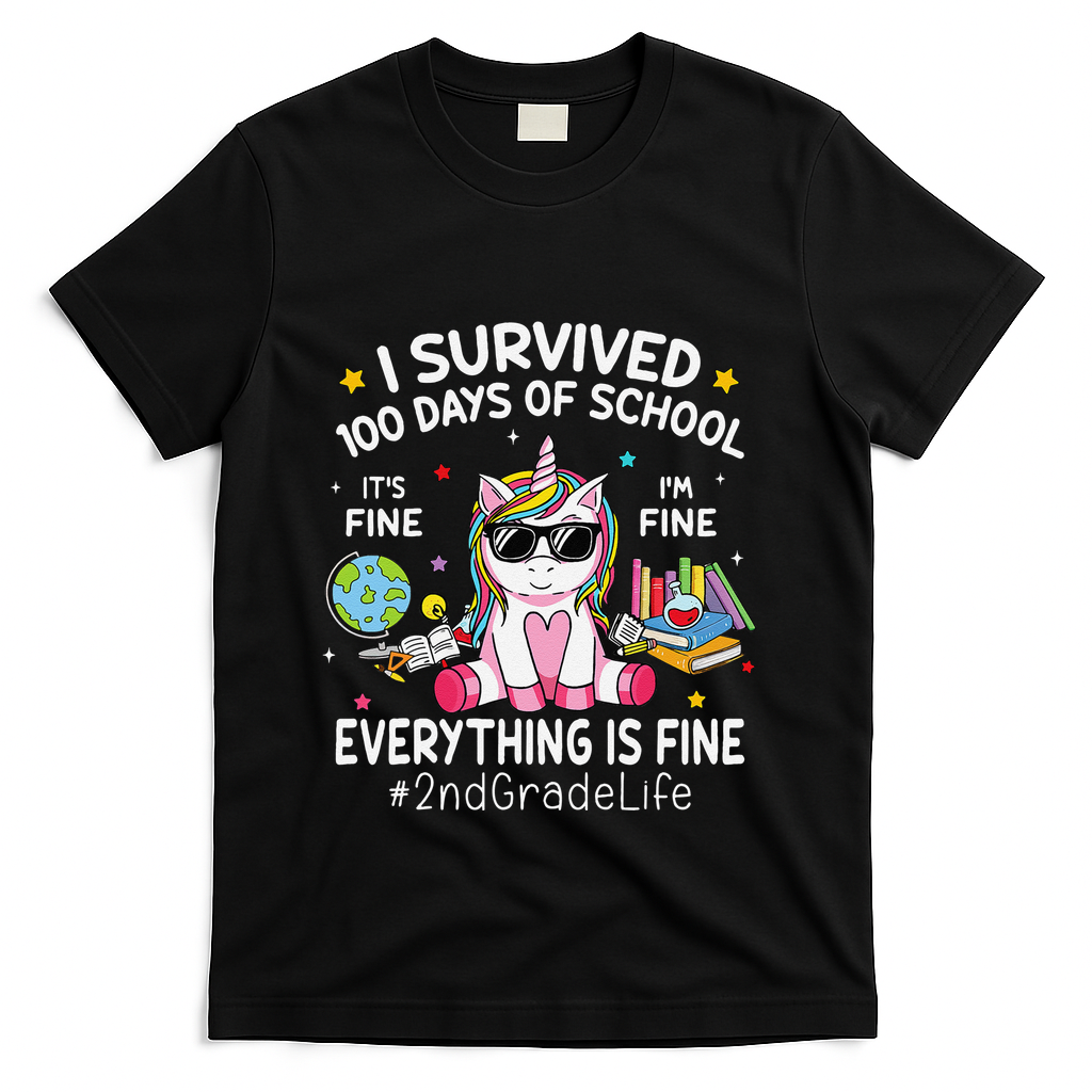 Unicorn I Survived 100 Days Of School Its Fine 2nd Grade T-Shirt - Black