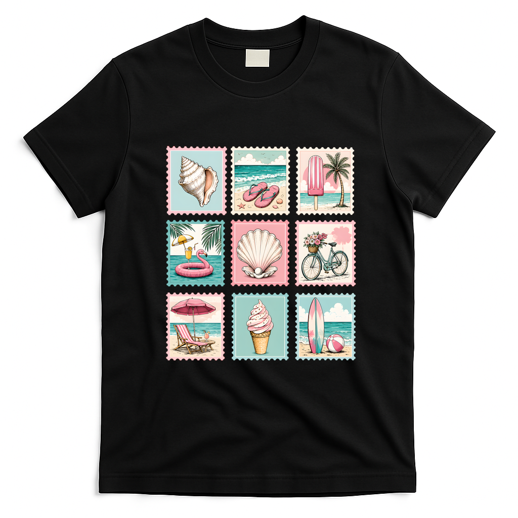 Vintage Beach Stamp Collection Art For Summer T-Shirt - Black
