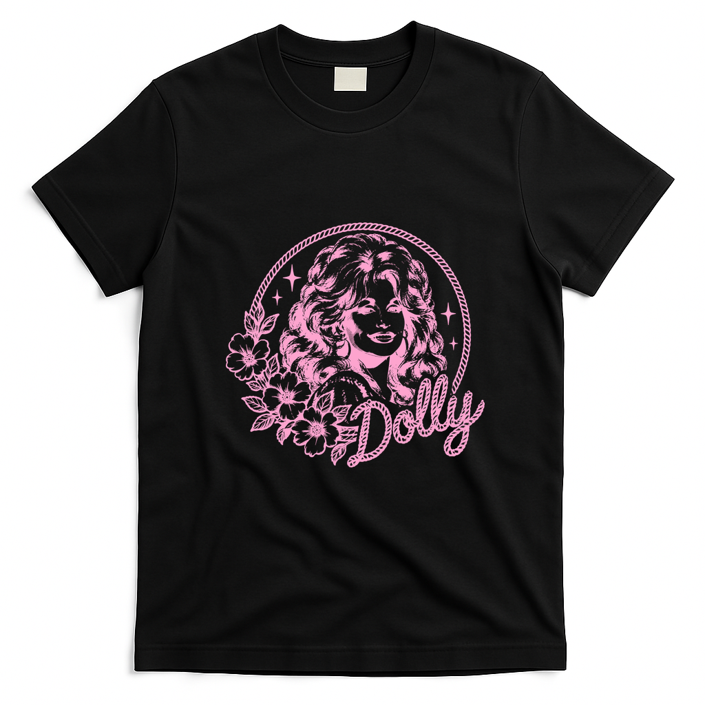 Vintage Dolly Floral Graphic Music Fans T-Shirt - Black