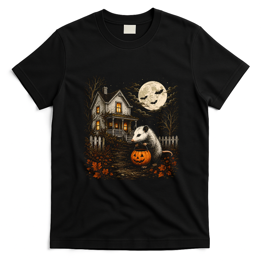 Vintage Halloween Opossum Pumpkin Trick Or Treating T-Shirt - Black