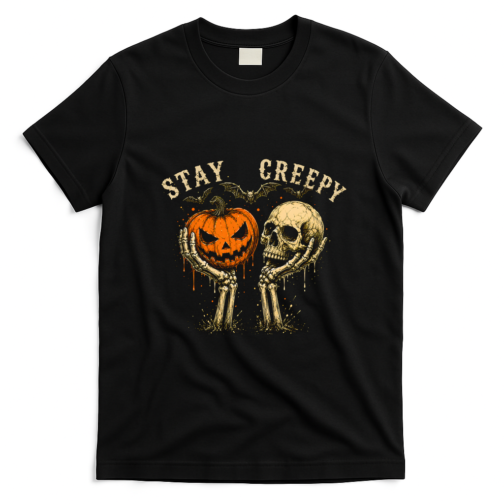 Vintage Stay Creepy Pumpkin And Skull Halloween T-Shirt - Black