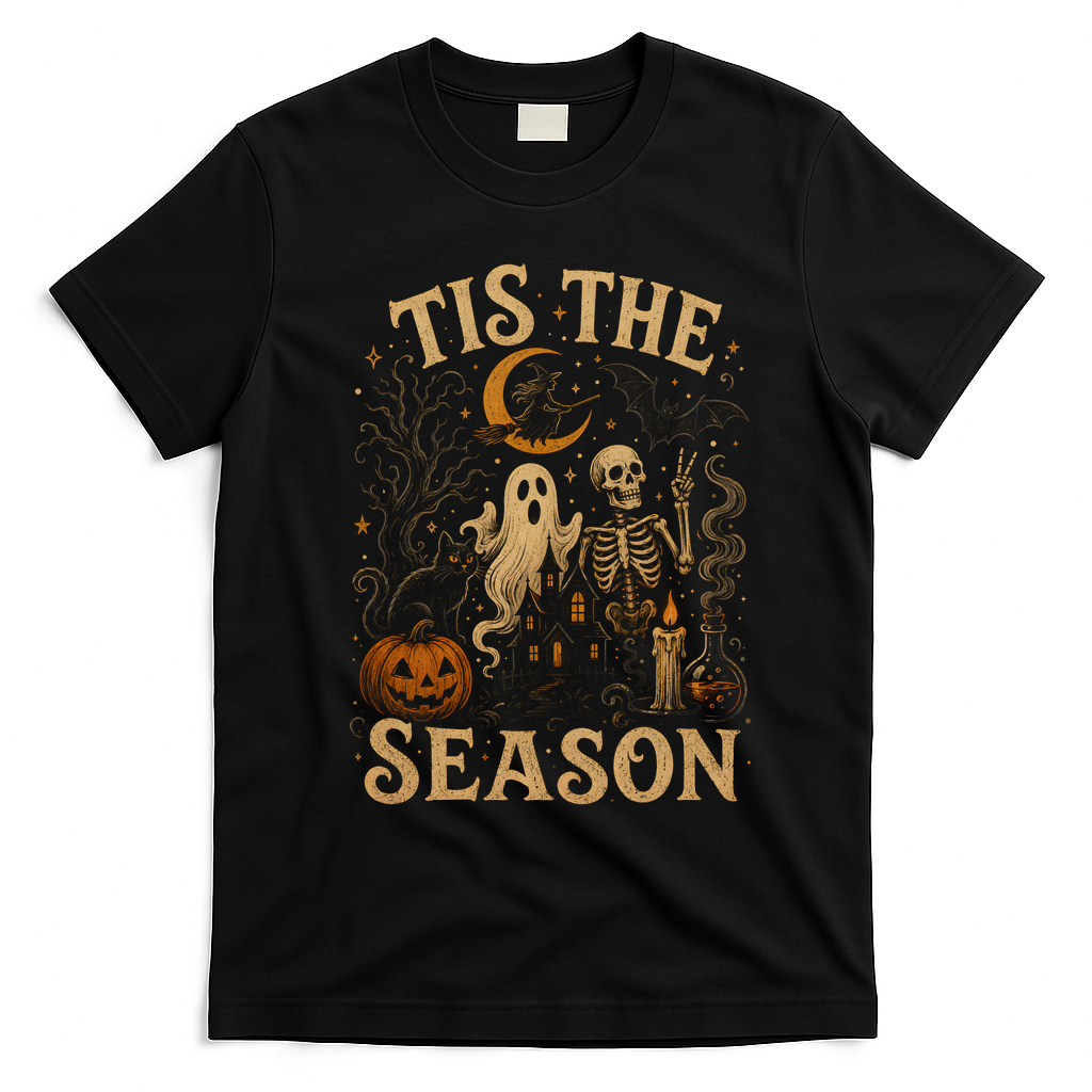 Vintage Tis The Season Halloween Ghosts Skeletons T-Shirt - Black