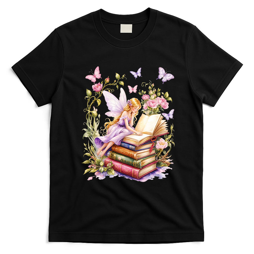 Watercolor Butterfly Fairy Book Library Fantasy Novel T-Shirt - Black