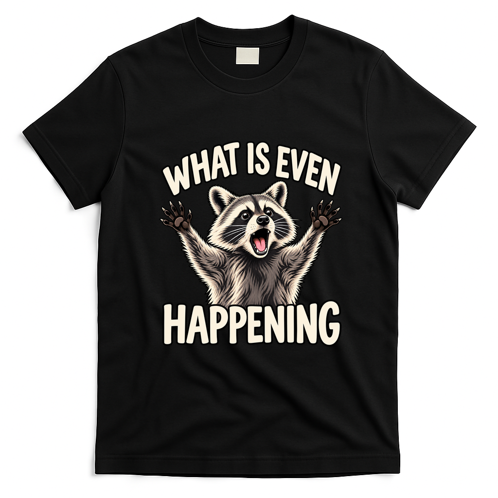 What Is Even Happening Funny Raccoon Meme T-Shirt - Black