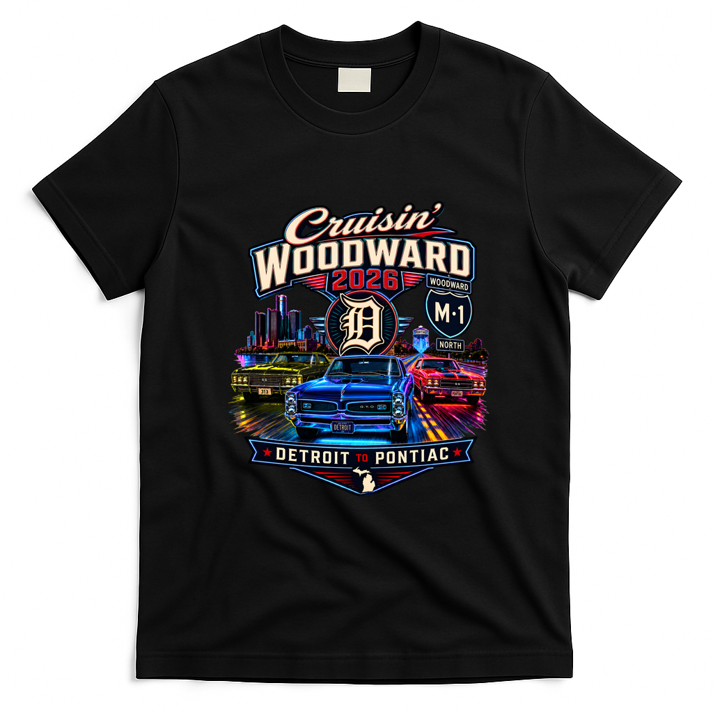 Cruisin' Woodward M1 2026 Detroit To Pontiac Neon T-Shirt - Black