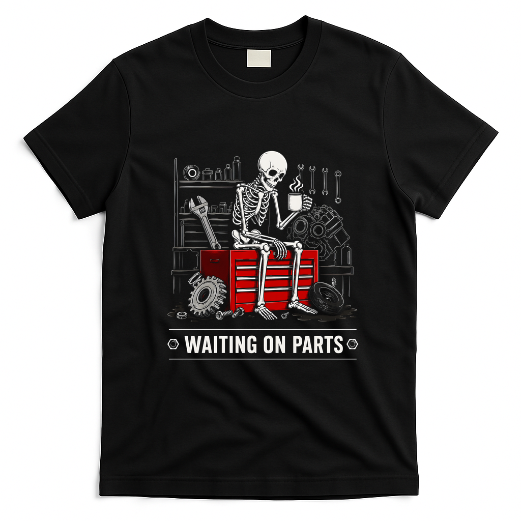 Waiting on Parts Skeleton Mechanic Humor Gift T-Shirt - Black