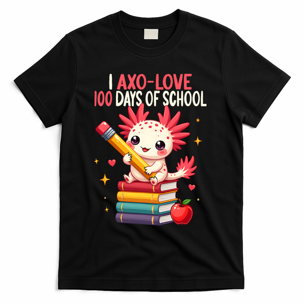 100 Days Of School For Girl 100th Day Of School Axolotl  T-Shirt - Black
