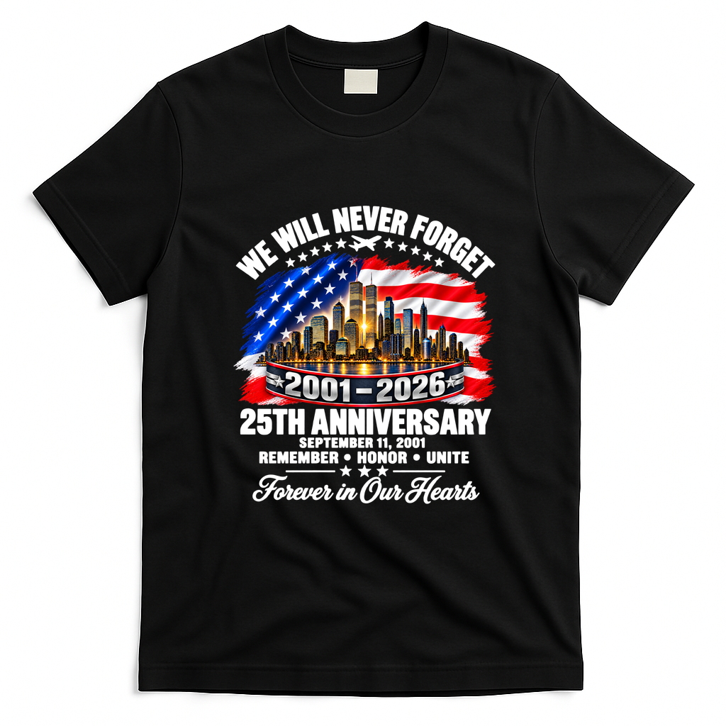 25th Anniversary September 11 2001 Memorial Day USA Flag T-Shirt - Black