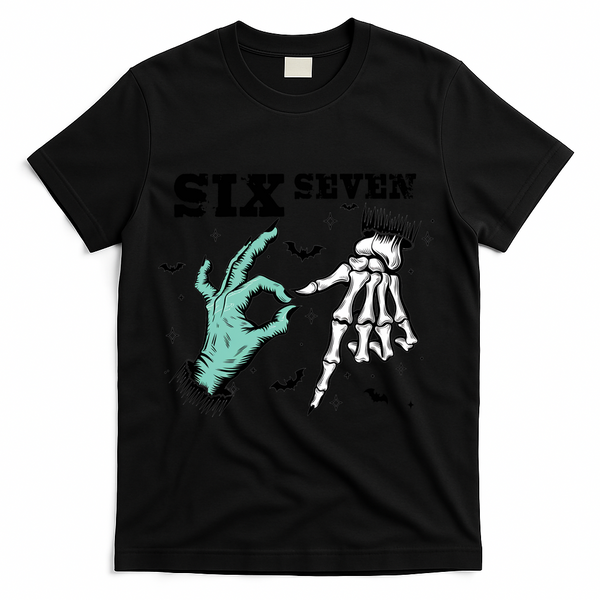 6 7 Meme Funny Witch Skeleton Hands 67 Halloween T-Shirt - Black