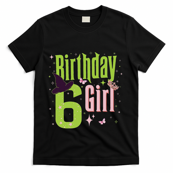 6th Birthday Witch And Green 6 Year Old Birthday Girl T-Shirt - Black