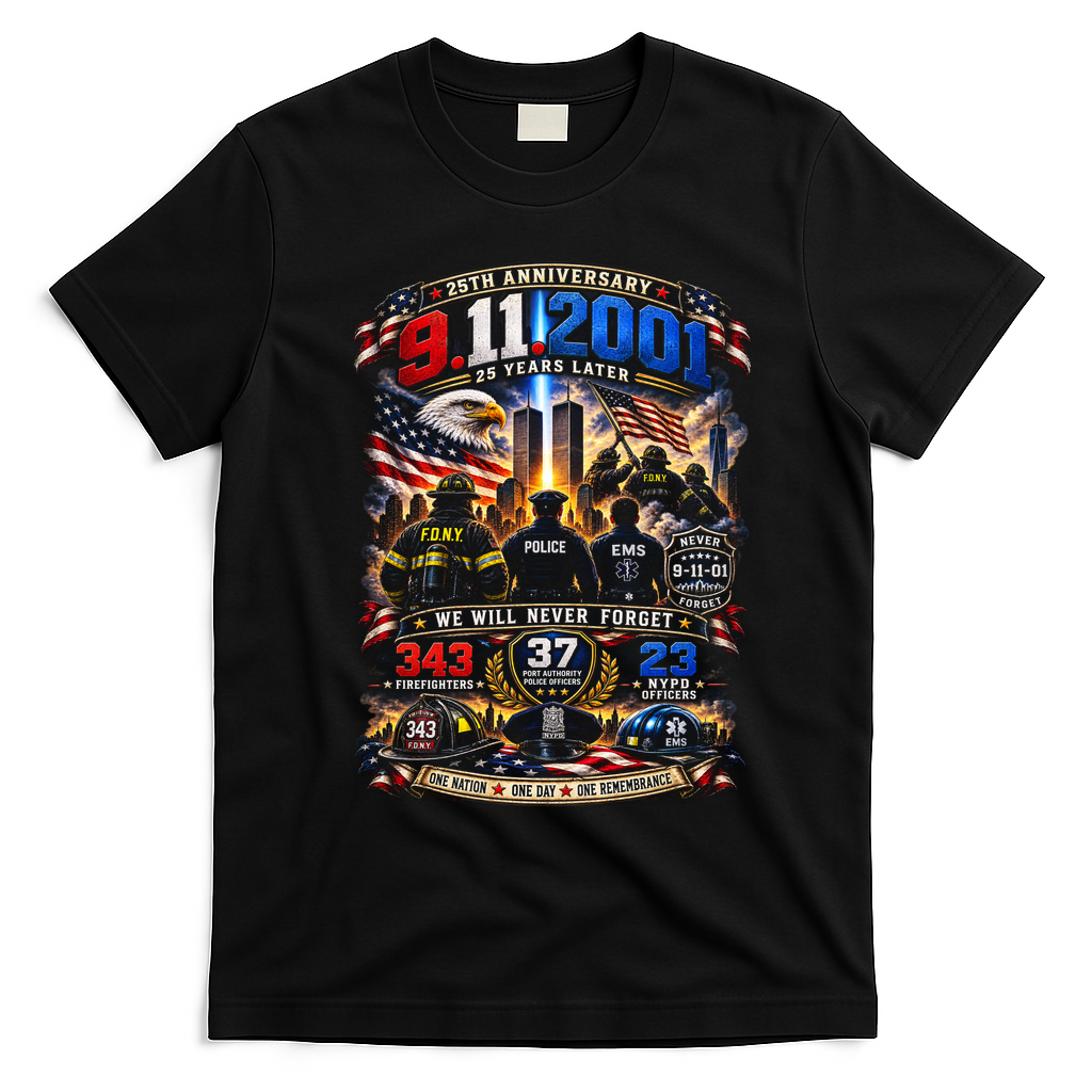 911 25th Anniversary Memorial Firefighter September 11th T-Shirt - Black