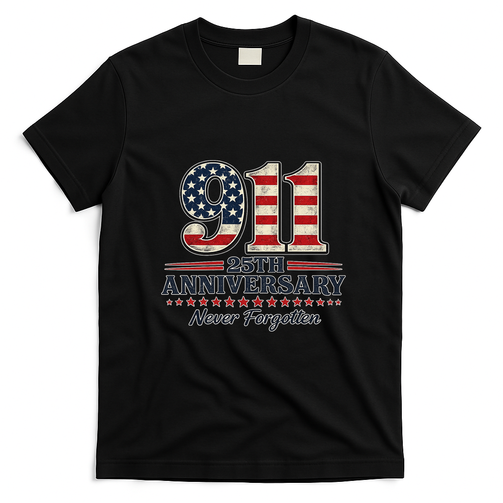 911 25th Anniversary USA Never Forgotten Tribute 9/11 T-Shirt - Black