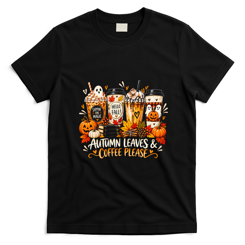 Autumn Leaves And Coffee Please Seasonal T-Shirt - Black