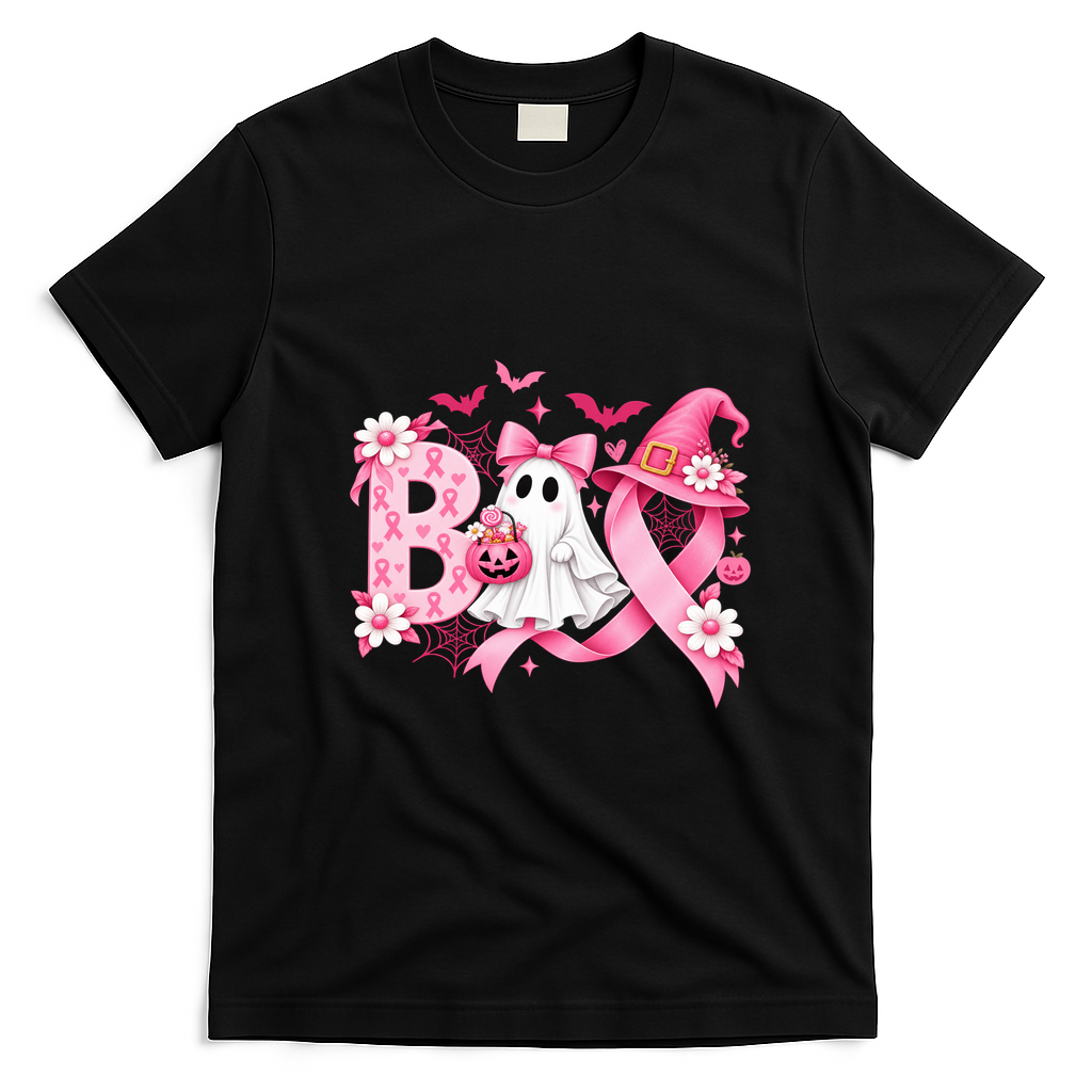 Boo Breast Cancer Awareness Ghost Witch Pink Ribbon T-Shirt - Black
