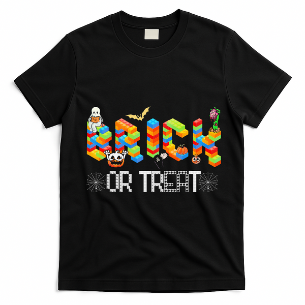 Block Building Halloween Brick Or Treat Master Builder T-Shirt - Black
