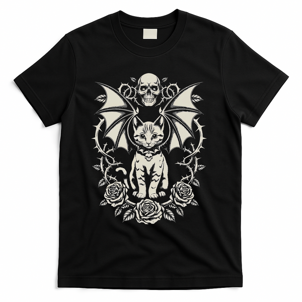 Black Cat Goth Kitten Halloween Skulls Rose Mom Dad T-Shirt - Black