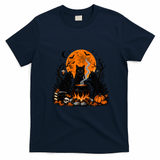 Black Cats Halloween Night Cauldron And Pumpkin T-Shirt - Navy Blue