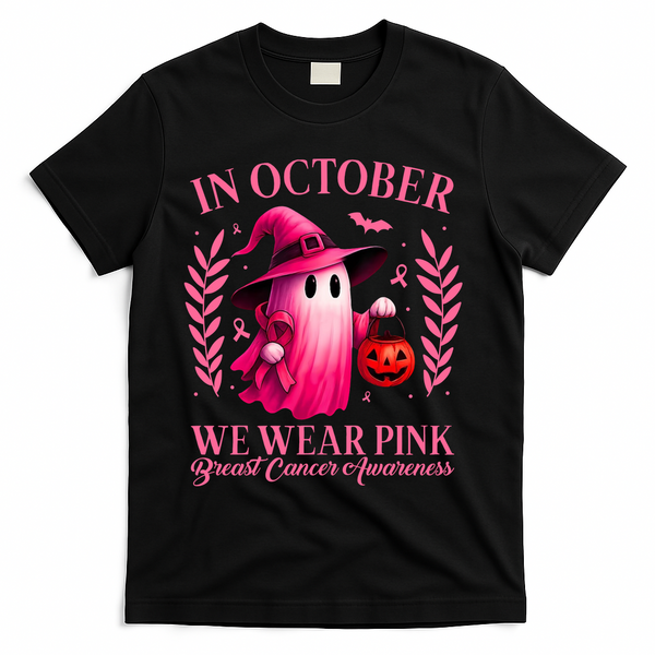 Breast Cancer Halloween Ghost Wear Pink In October T-Shirt - Black