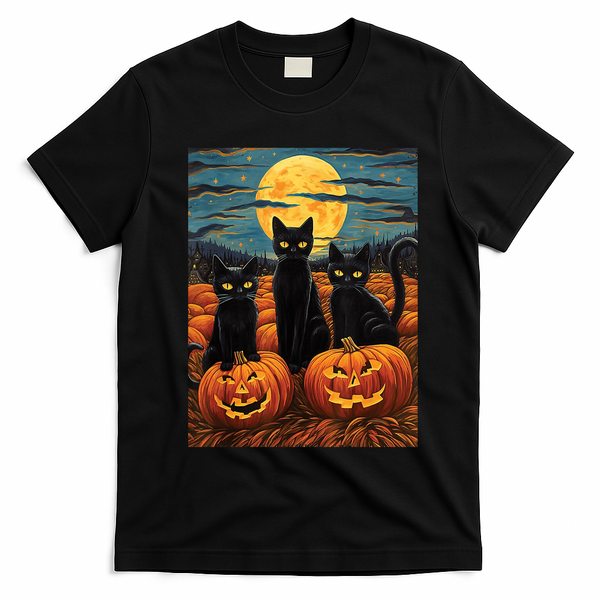 Black Cat Starry Night Van Gogh Funny Halloween T-Shirt - Black