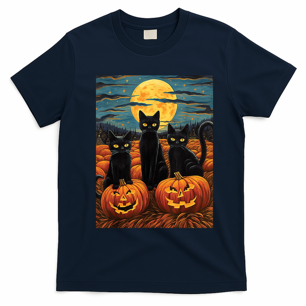 Black Cat Starry Night Van Gogh Funny Halloween T-Shirt - Navy Blue