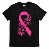 Breast Cancer Survivor Support Gift October Floral Pink Ribbon T-Shirt - Black