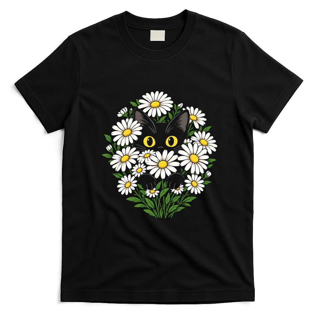 Botanical Cat Sun Flower Floral T-Shirt - Black