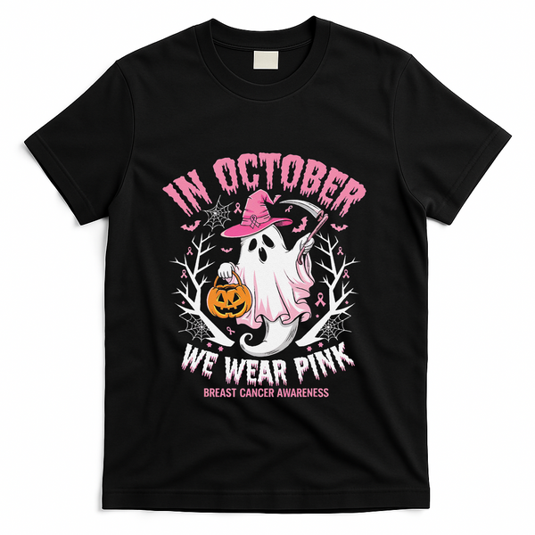 Breast Cancer Women Halloween Ghost In October We Wear Pin.K T-Shirt - Black
