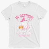 Breast Cancer Women Halloween Ghost In October We Wear Pin.K T-Shirt - White