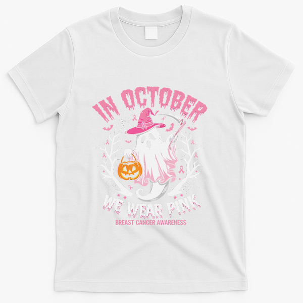 Breast Cancer Women Halloween Ghost In October We Wear Pin.K T-Shirt - White