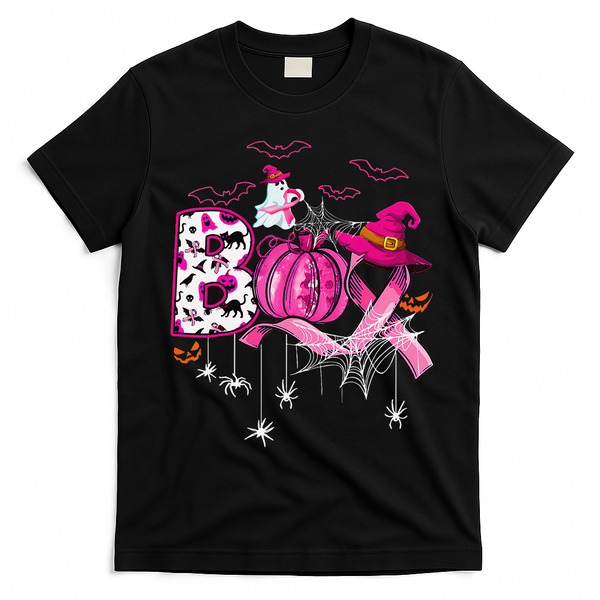 Boo Halloween Pumpkin P.Ink Ribbon Witch Breast Cancer Gift T-Shirt - Black