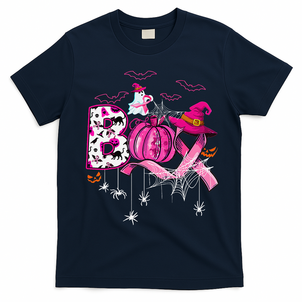 Boo Halloween Pumpkin P.Ink Ribbon Witch Breast Cancer Gift T-Shirt - Navy Blue