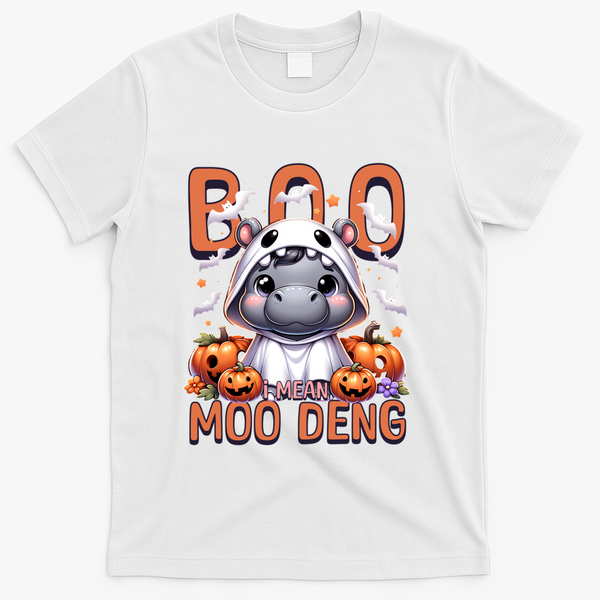 Boo I Mean Moo Deng Halloween Pygmy Hippo Gift T-Shirt - White